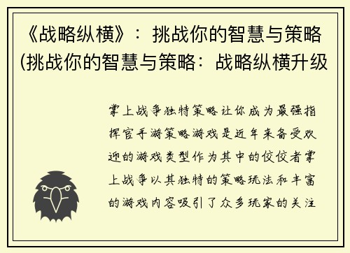 《战略纵横》：挑战你的智慧与策略(挑战你的智慧与策略：战略纵横升级版)