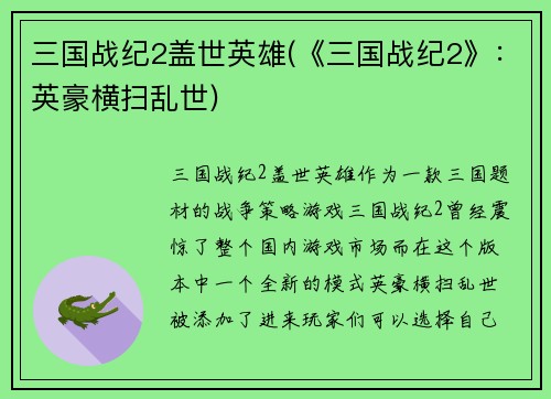 三国战纪2盖世英雄(《三国战纪2》：英豪横扫乱世)